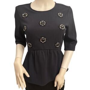 Ann Taylor Black Beaded Peplum Blouse Top Size Small
